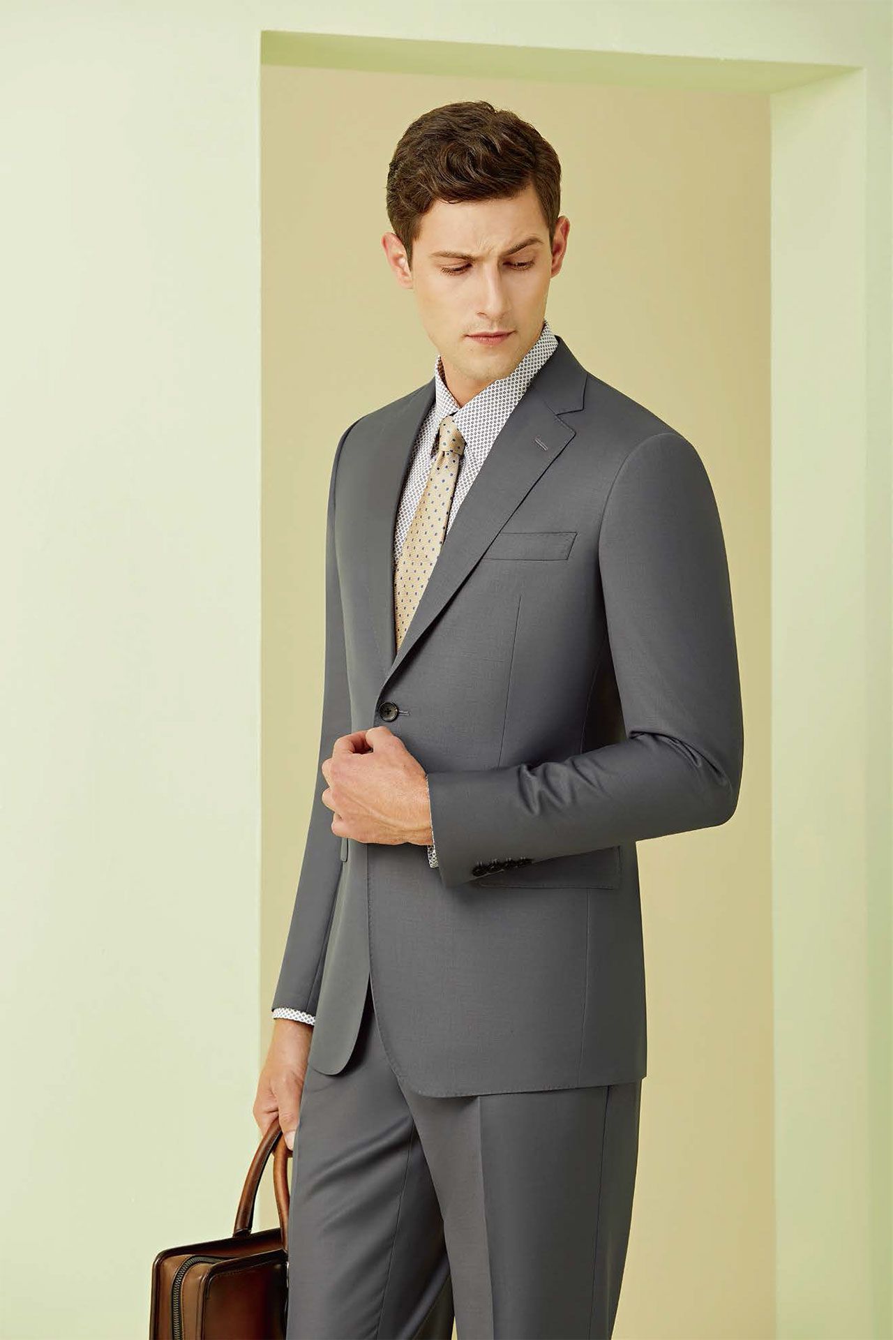 A man in a suit and tie is holding a briefcase