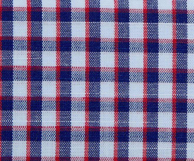 A close up of a red, white, and blue plaid fabric