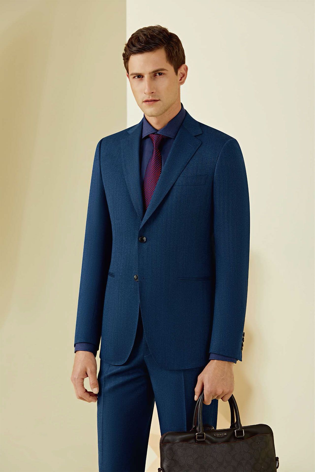 A man in a blue suit and tie is holding a black briefcase.