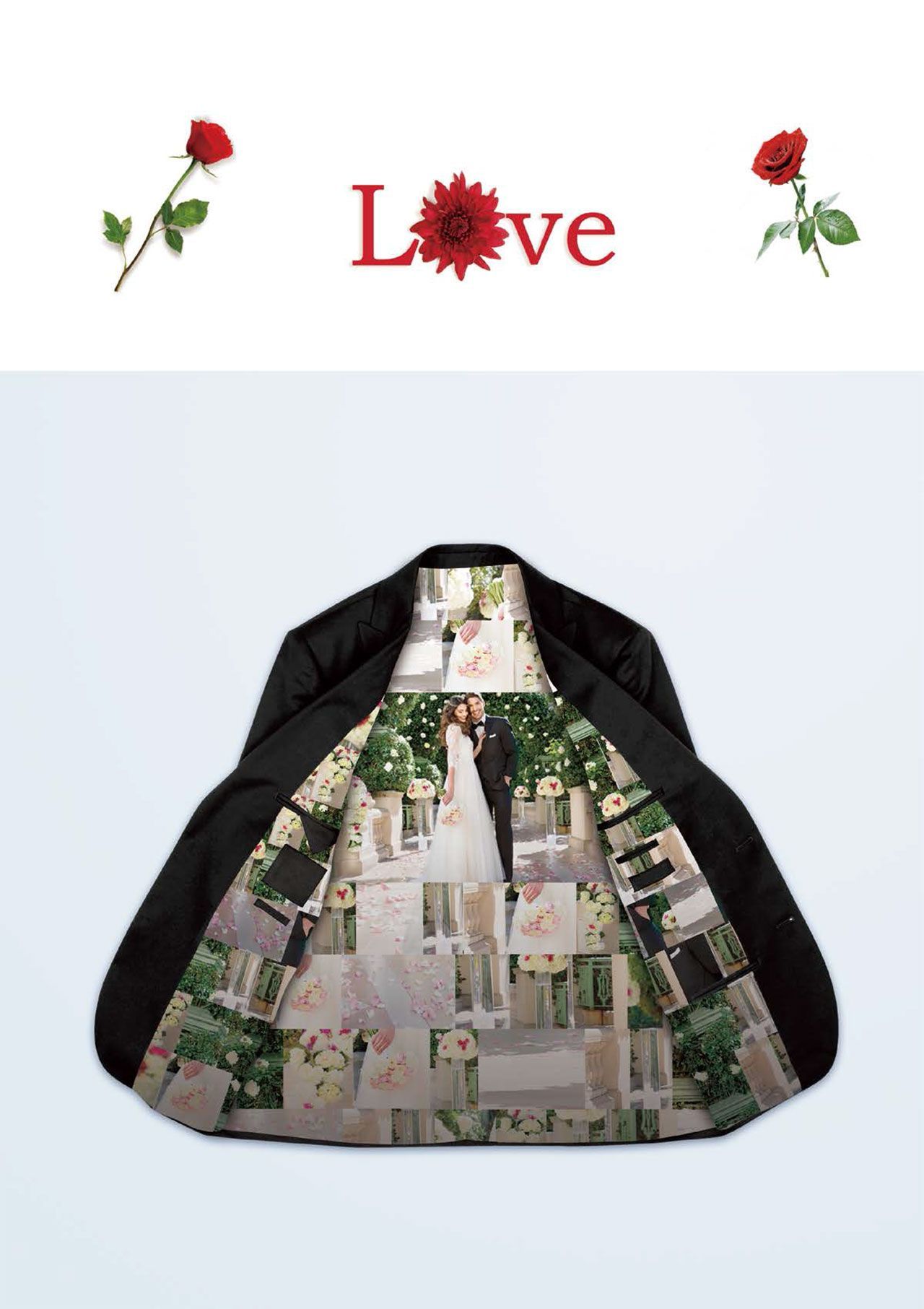 A black jacket with a picture of a bride and groom on it