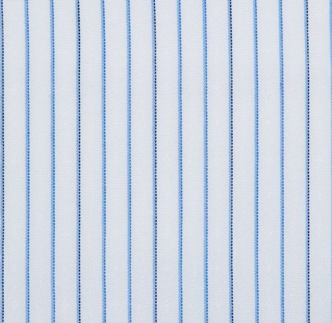 A close up of a white shirt with blue stripes on it