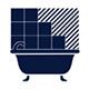 Navy blue illustration of a bathtub with tiled wall, diagonal lines, and a faucet.