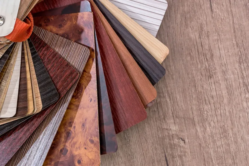 Wood veneer samples fanned out on a wooden surface, showcasing various colors and textures.