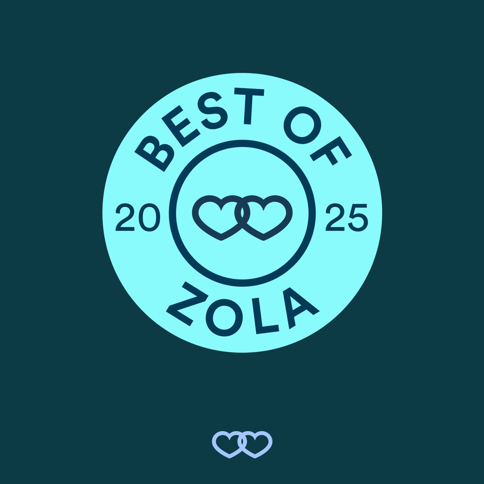 Best of Zola 2025 badge in light blue, featuring intertwined hearts and a dark teal background.