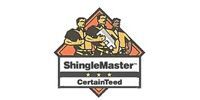 ShingleMaster CertainTeed logo with roofline and two workers handling shingles