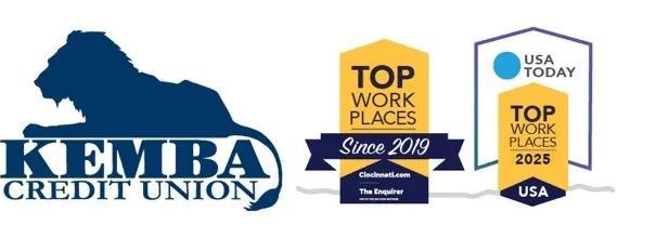 Kemba Credit Union logo with award badges for Top Work Places and USA Today Top Workplaces 2025