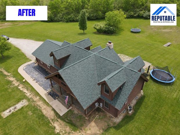 Aerial view of a large gray-roofed house with an "AFTER" label and a company logo in the corner