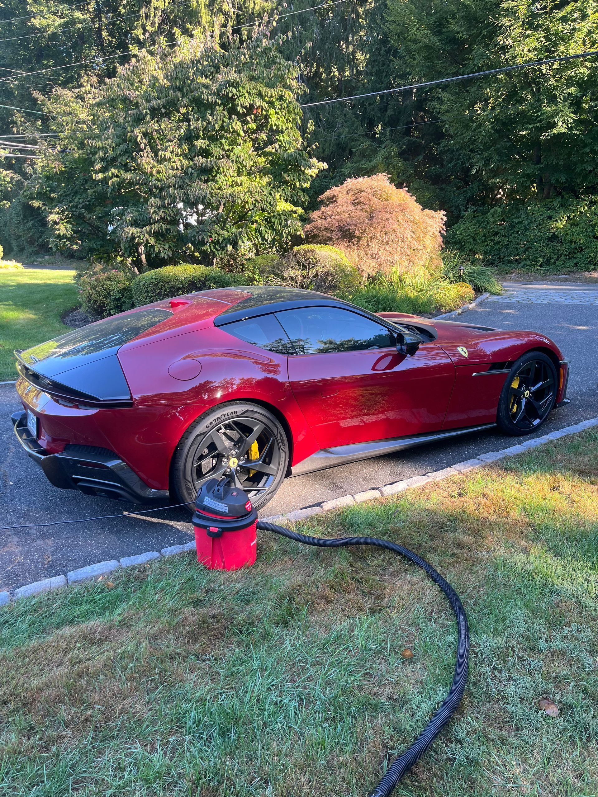 Red sports car being washed on a driveway with a hose and bucket in a sunny yard