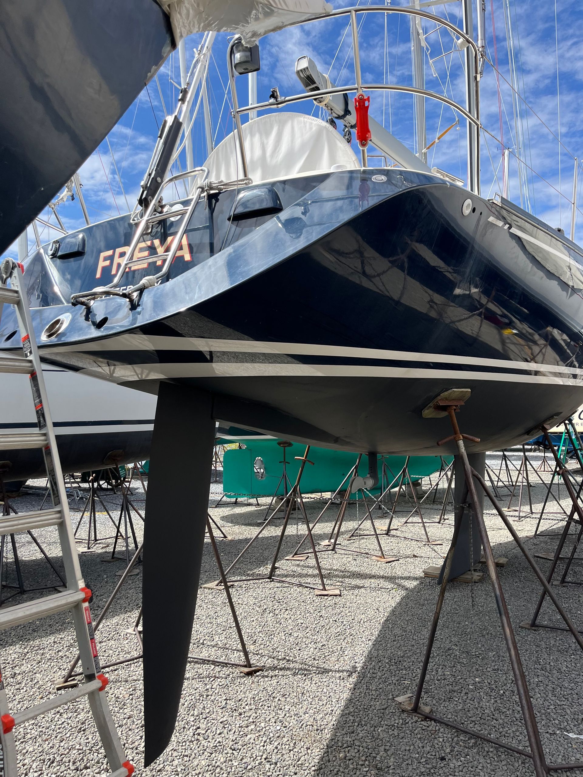 A boat with the name freya on the side of it