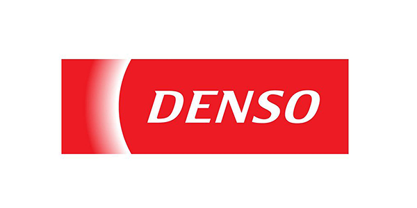 DENSO logo in white italic text on a red rectangular background