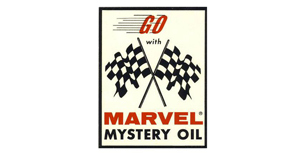 Go with Marvel Mystery Oil poster with crossed black-and-white checkered flags