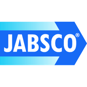 Jabsco logo in white on a blue arrow-shaped banner with light blue accents