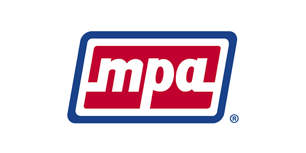 MPA logo in white lowercase letters on a red shape with a blue outline.