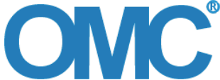 Blue OMC logo with large stylized letters and a registered trademark symbol