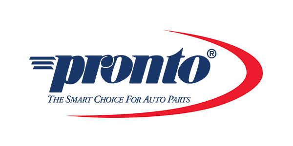 Pronto auto parts logo with blue italic text, red swoosh, and tagline “The Smart Choice for Auto Parts”