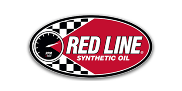 Red Line Synthetic Oil logo with red oval and checkered black-and-white background