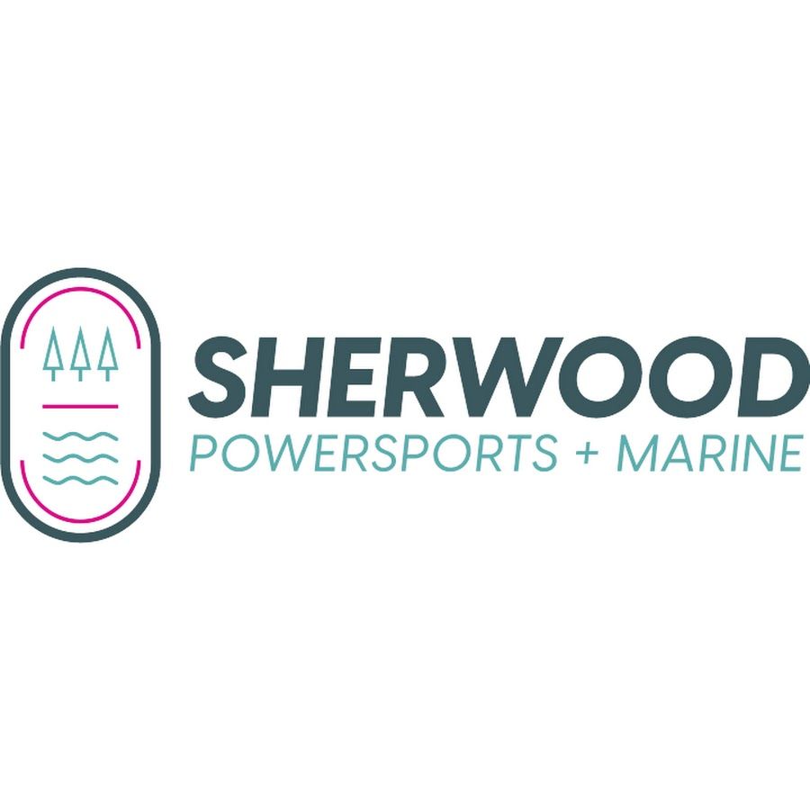 Sherwood Powersports + Marine logo in teal, pink, and gray with stylized trees and waves