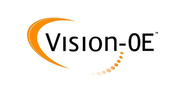 Vision-OE logo with orange crescent and dotted arc around black text on a white background