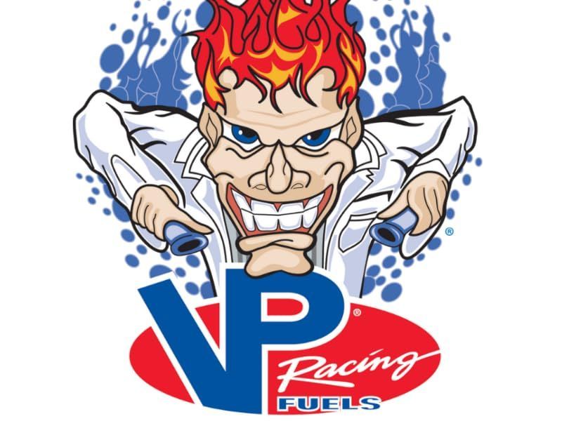 Cartoon racer with blue glasses and flaming red hair above VP Racing Fuels logo
