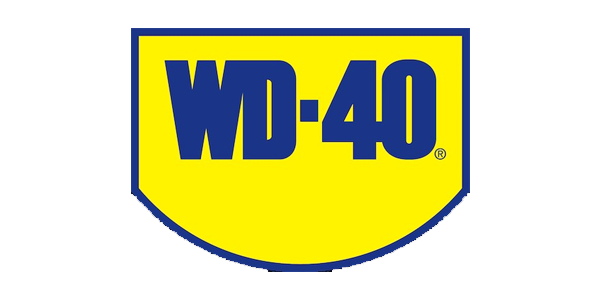 WD-40 logo in blue letters on a yellow shield-shaped background