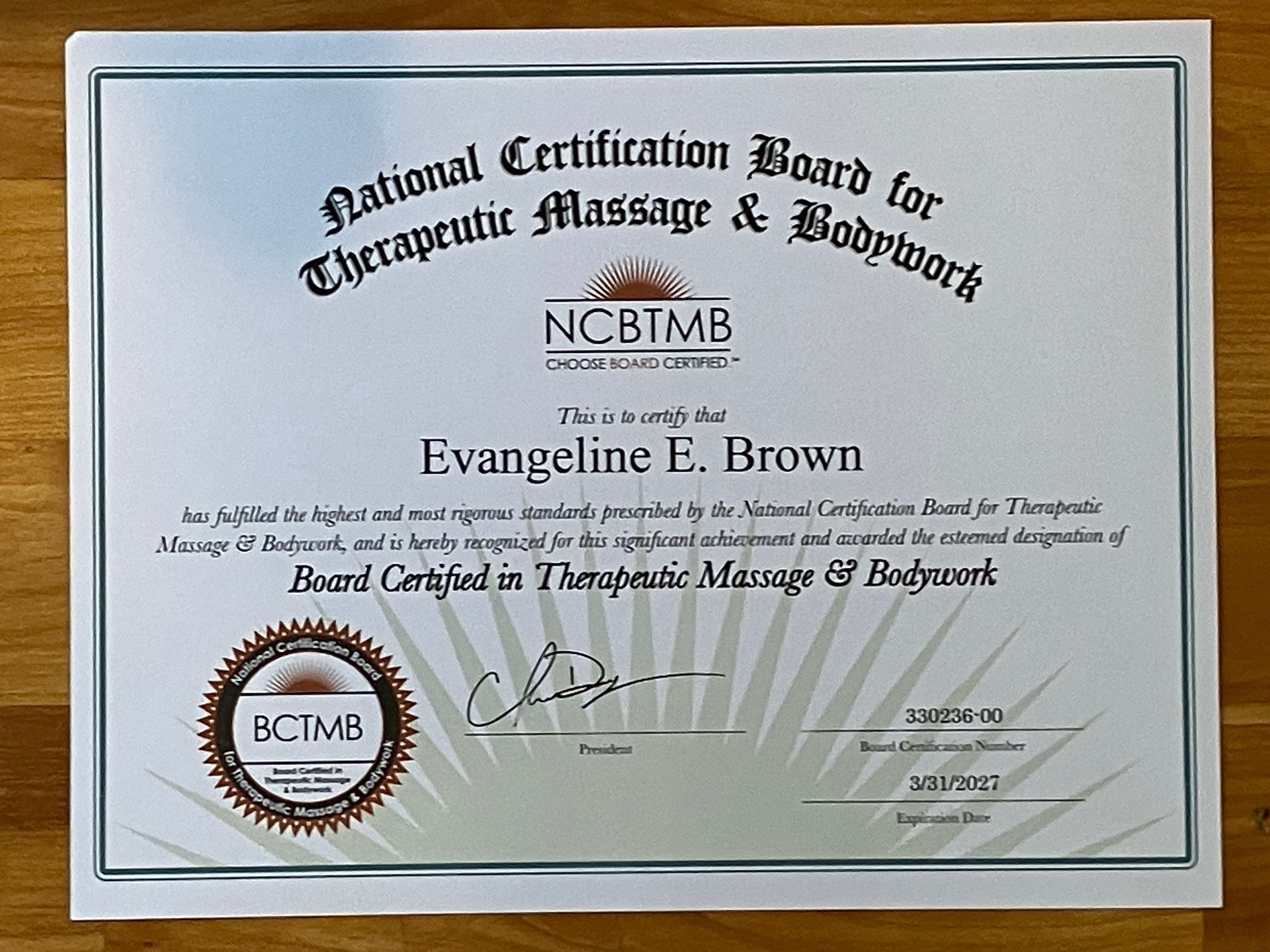 National certification award certificate for therapeutic massage, with seal and signatures