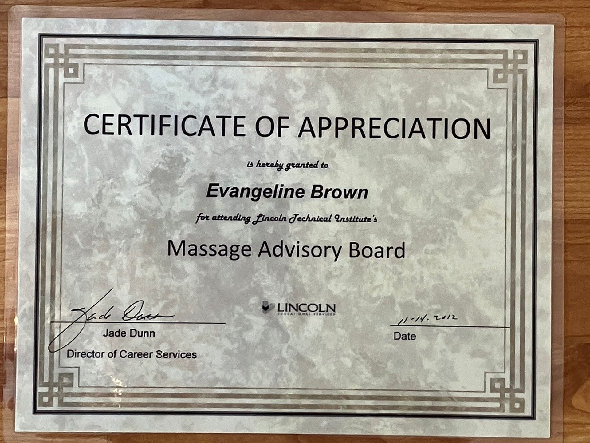 Certificate of appreciation for Evangeline Brown from the Massage Advisory Board