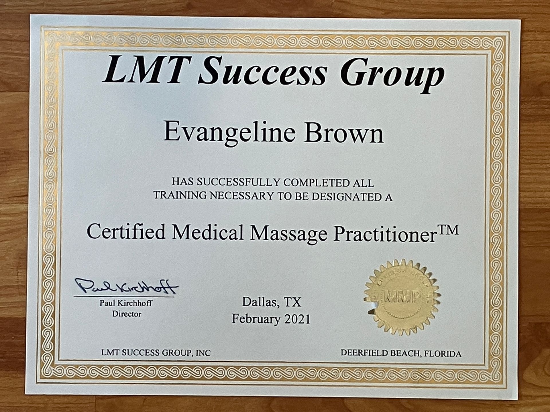 Certificate for Evangelina Brown from LMT Success Group, recognizing Certified Medical Massage Practitioner™