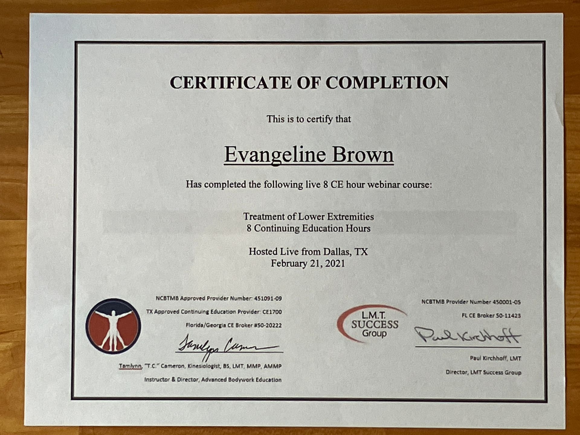 Certificate of completion for Evangeline Brown with logos and signatures on a white page
