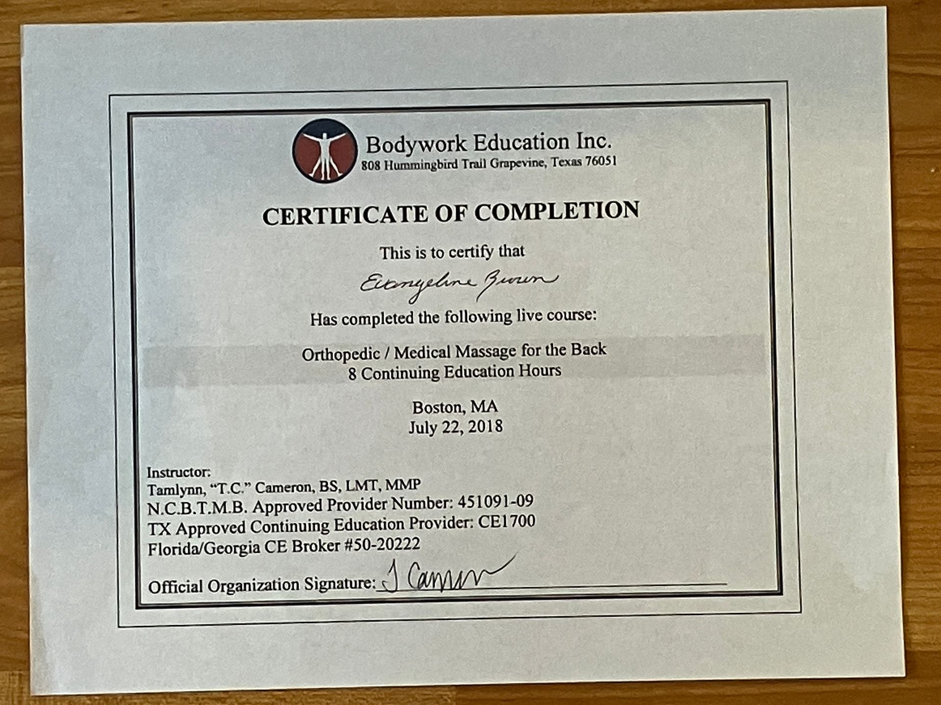Certificate of completion from BodyWorks Education Inc. on white paper with black border