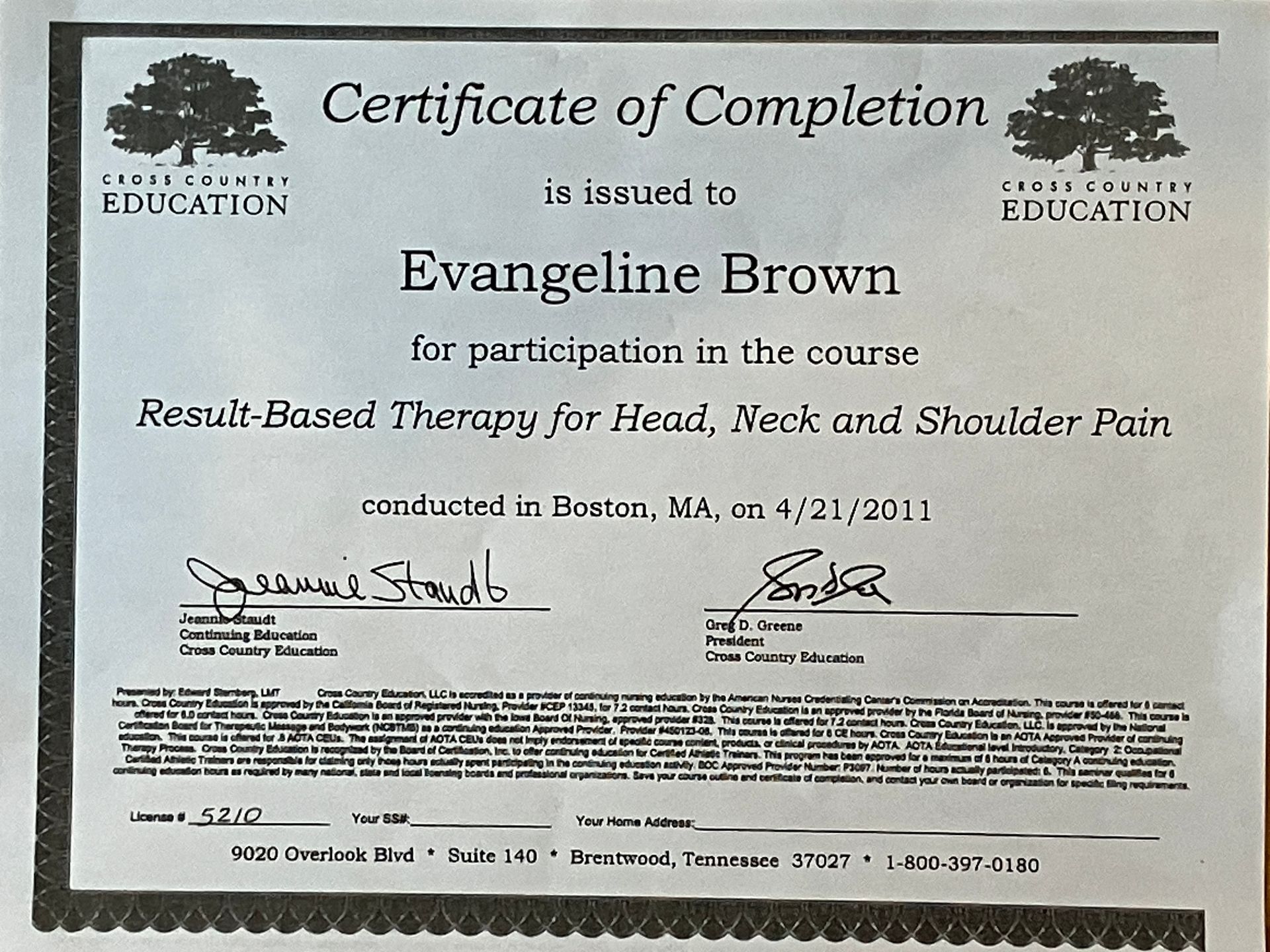 Certificate of Completion for Evangelina Brown in a Results-Based Therapeutic course on a white background