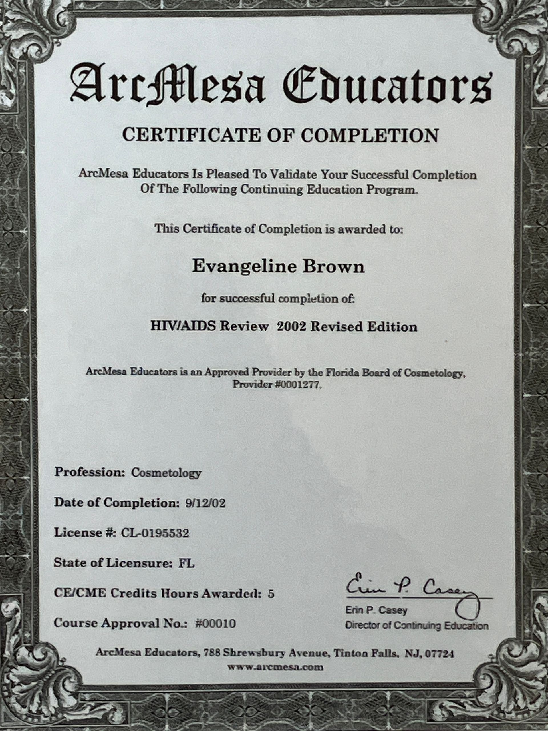 Black-and-white certificate of completion from Arc-Media Educators, with recipient name and signatures.