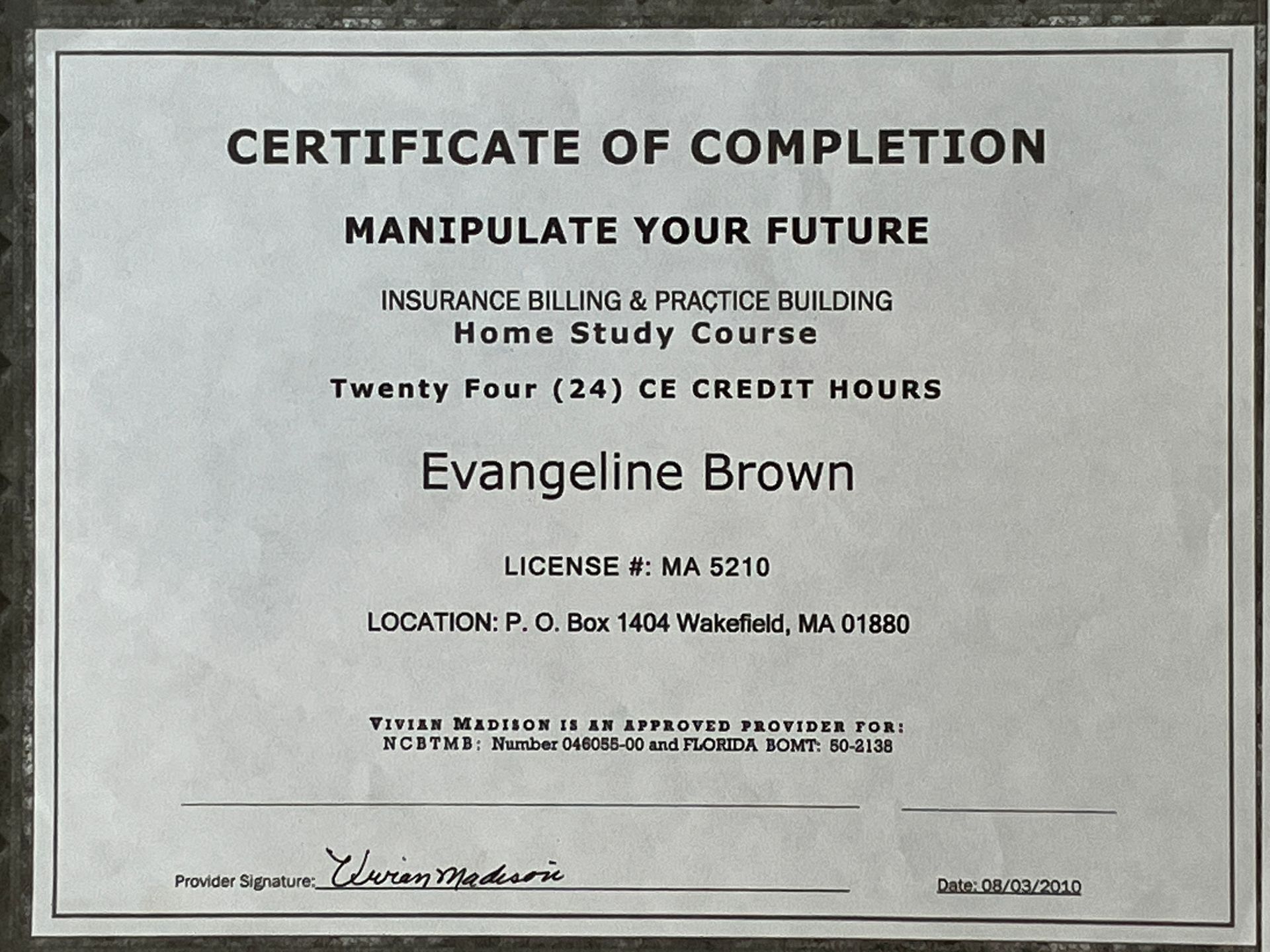 Certificate of completion for Evangeline Brown from Home Study Course, with gray border and black text
