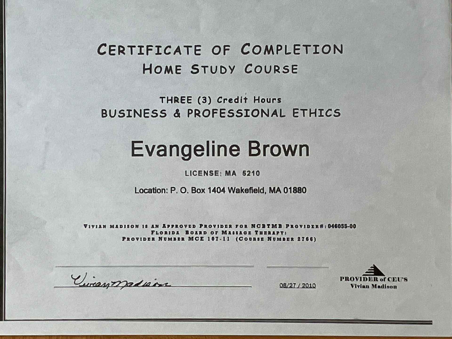 Certificate of completion for a home study course in business and professional ethics