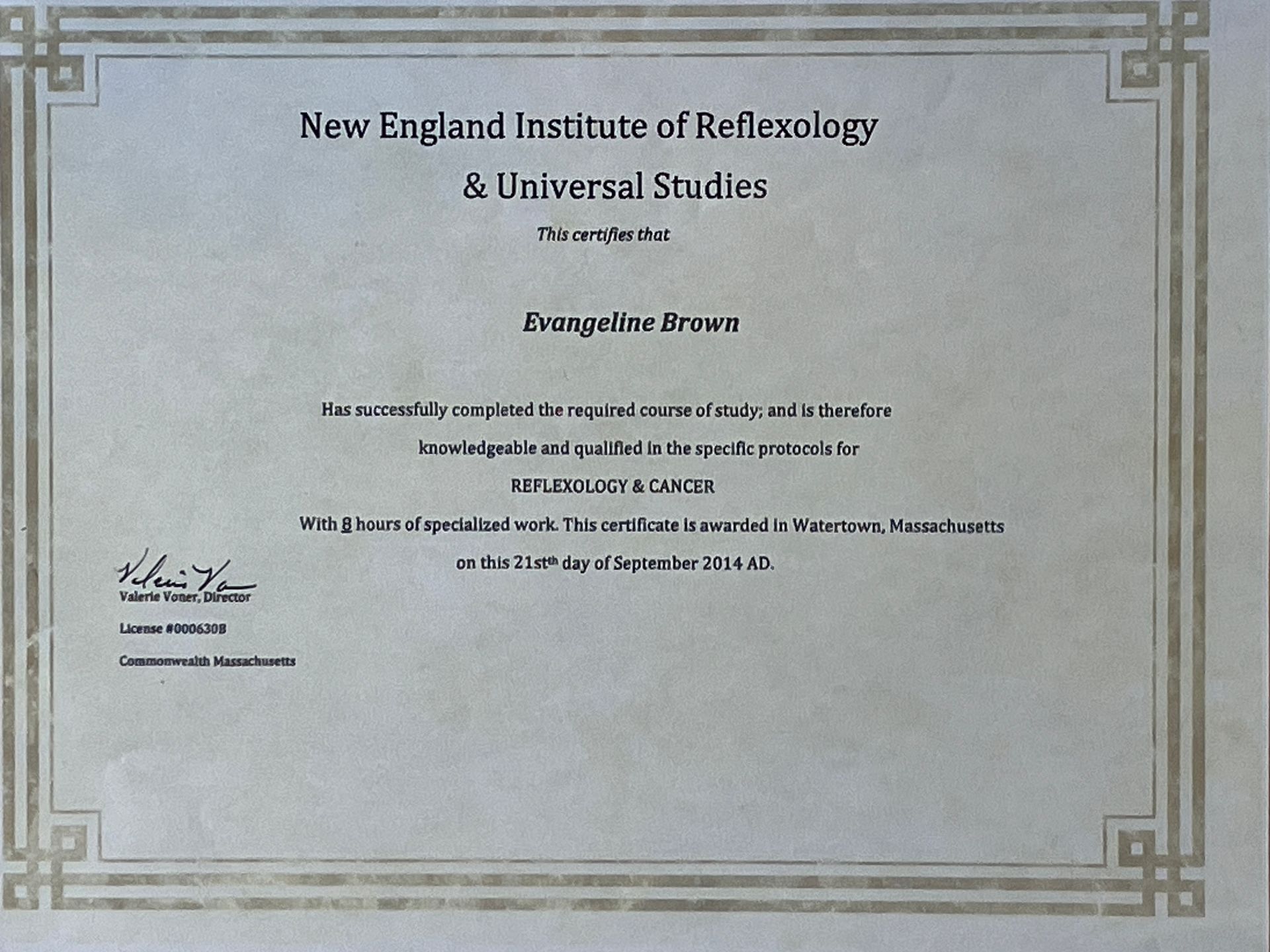Certificate from New England Institute of Reflexology & Universal Studies in a gray ornate border