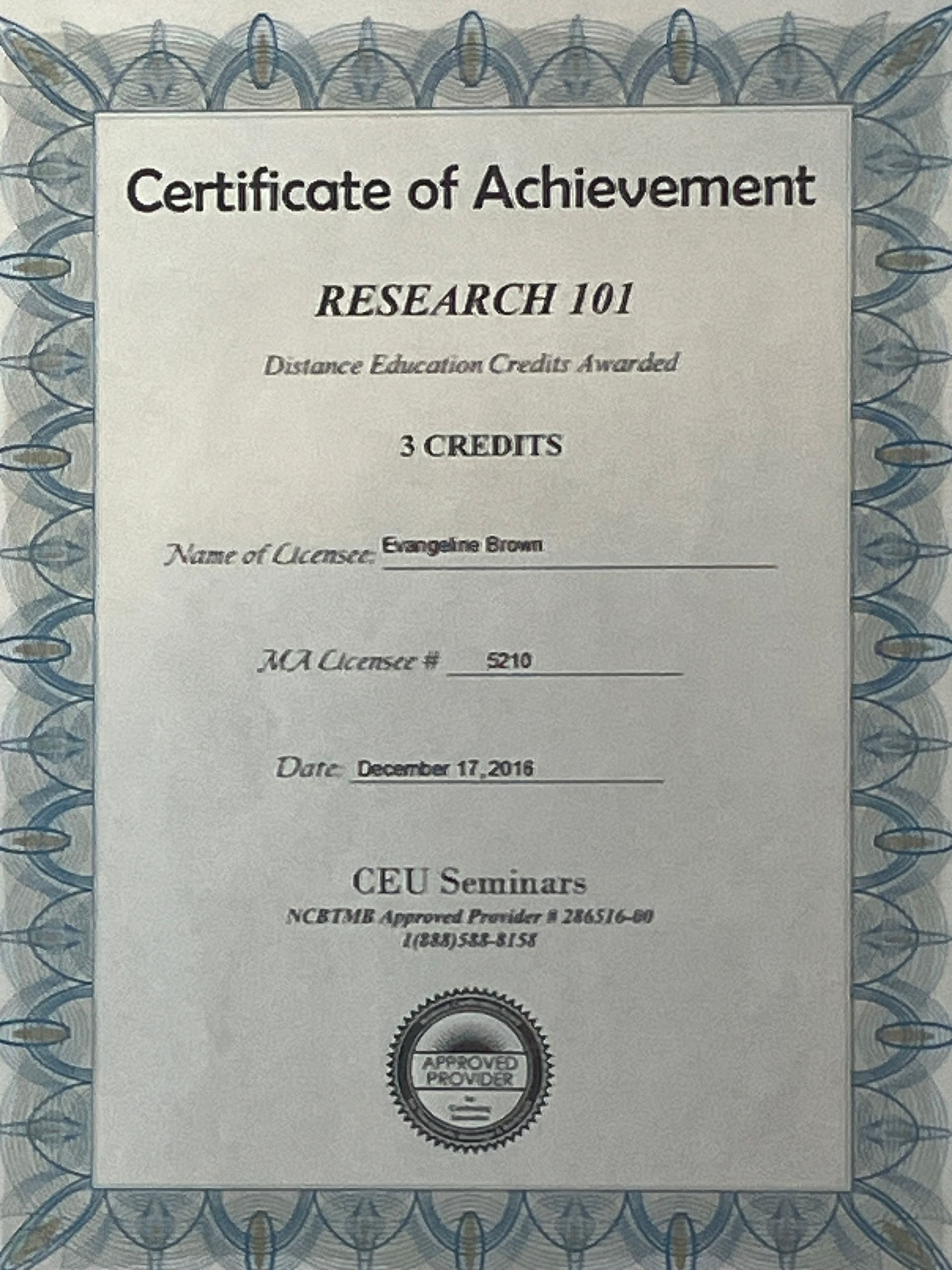 Certificate of Achievement for research in print on a gray background, with a seal at the bottom
