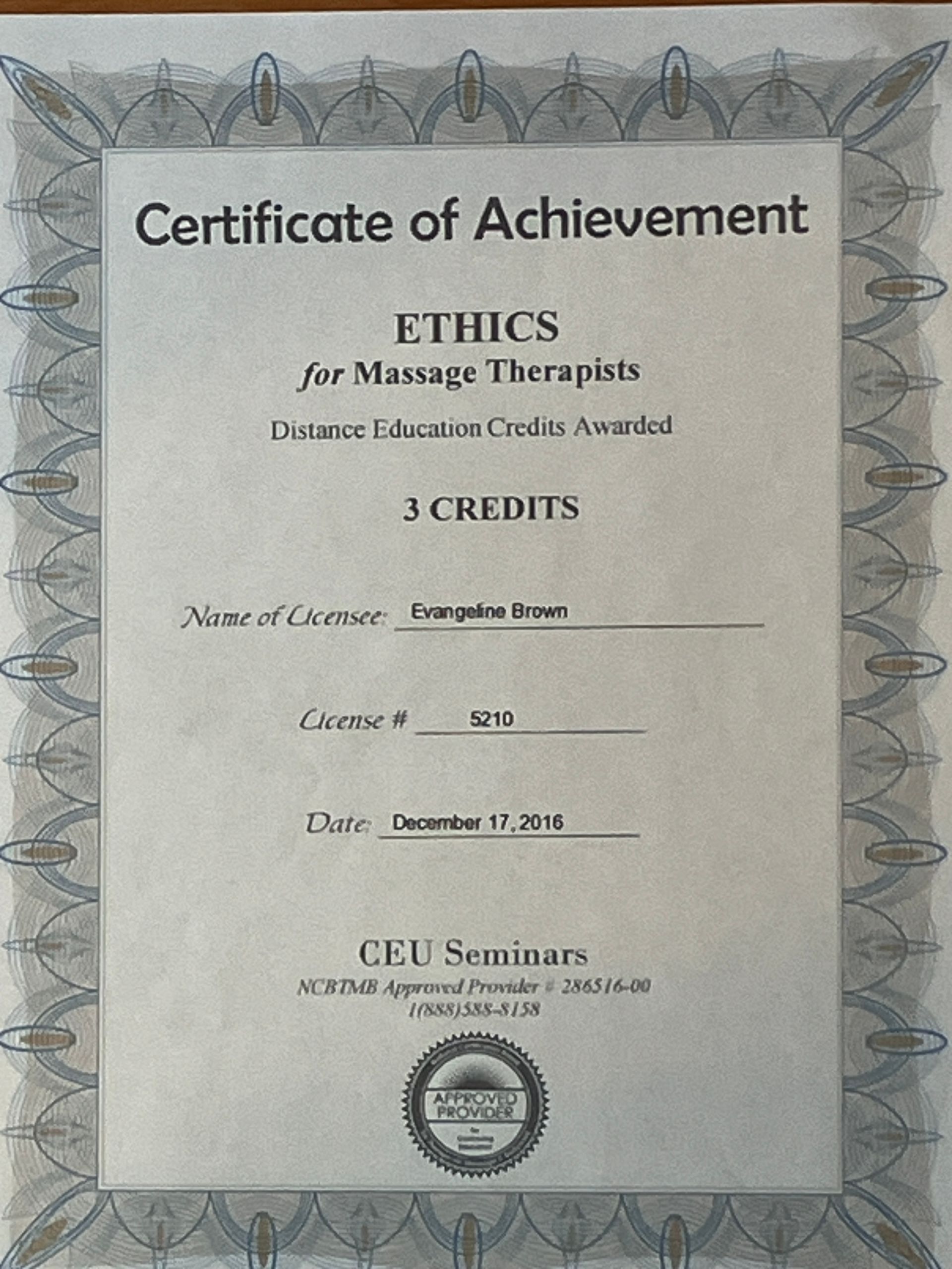 Certificate of Achievement for Ethics in Massage Therapy, 3 credits, with embossed seal and handwritten details