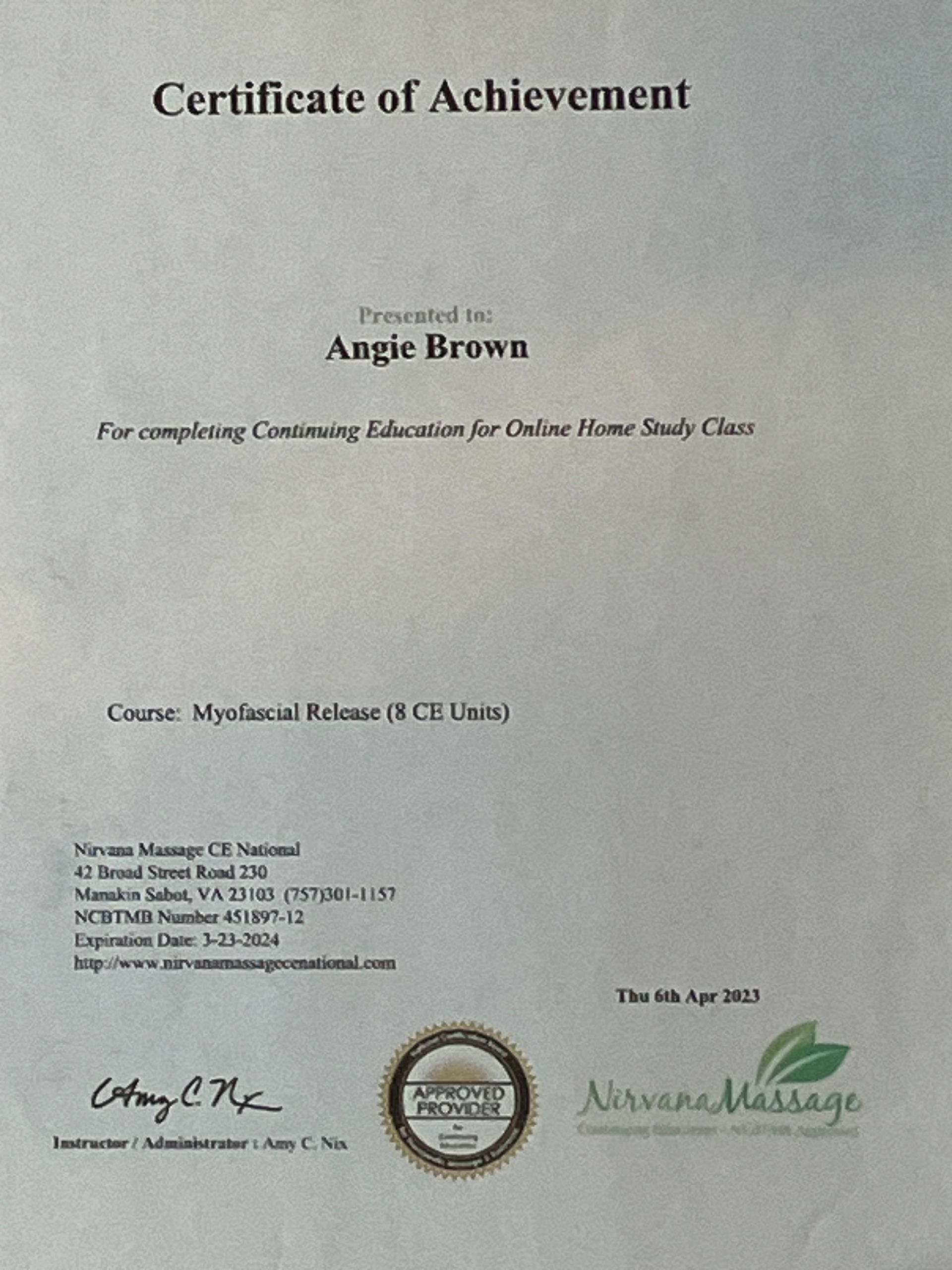 Certificate of Achievement for Angie Brown, with signatures and gold seal on a white background