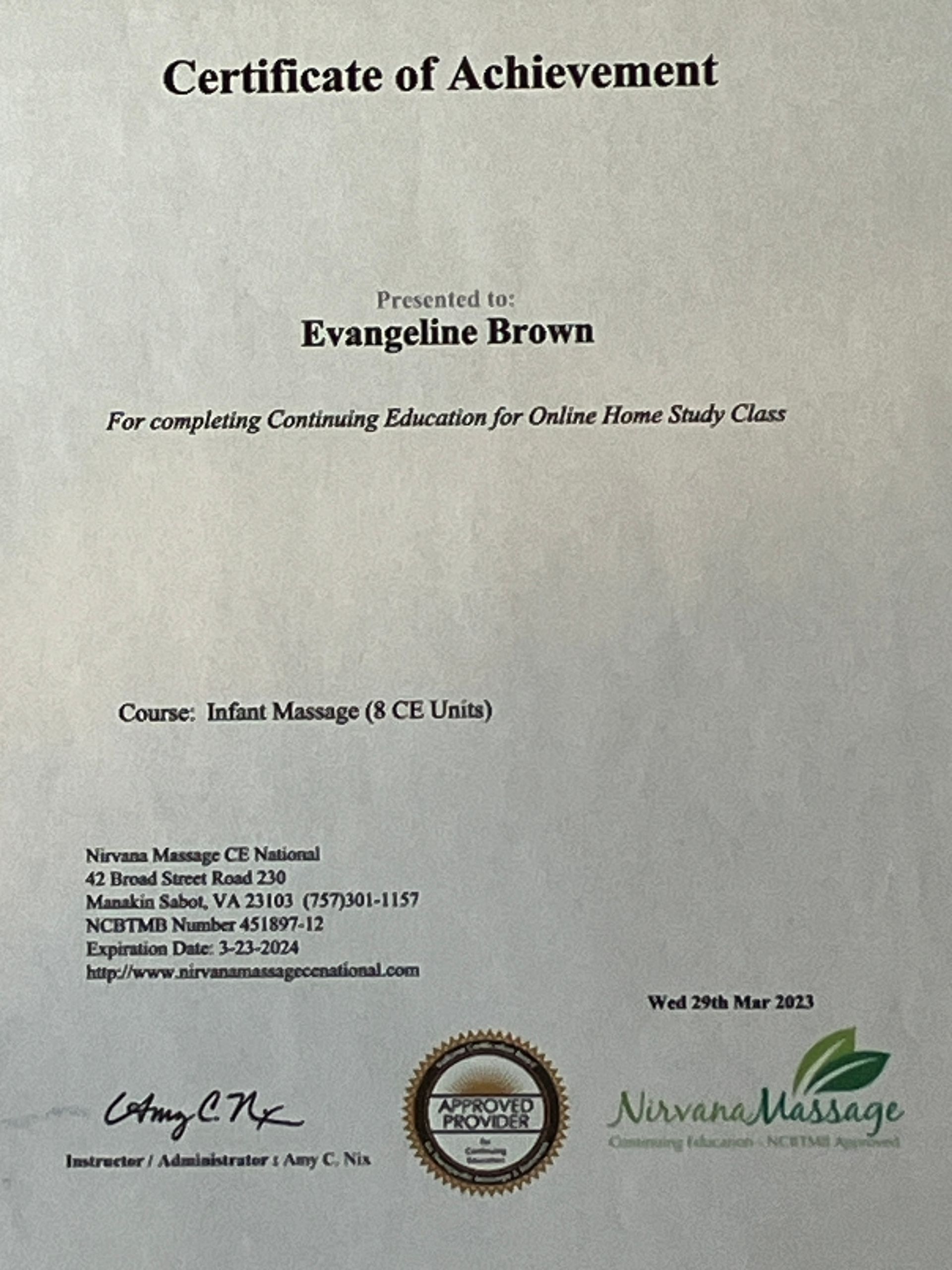 Certificate of Achievement for Evangelina Brown, with official seals and signatures on a white background
