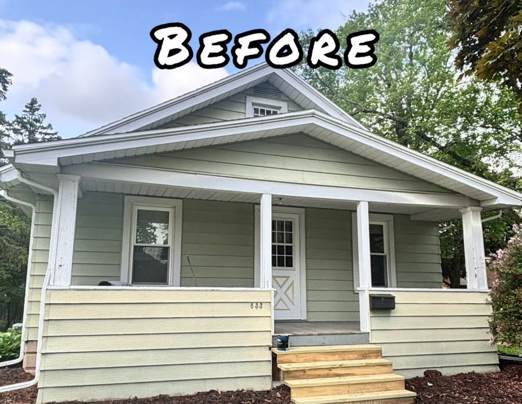 Small green house with porch and steps. - before