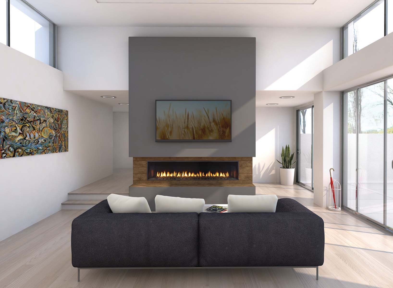 A living room with a fireplace and a couch