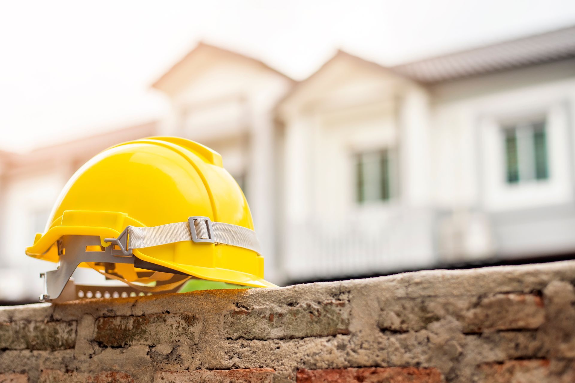Yellow hard hat on a brick wall with a blurred house in the background