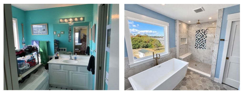 Side-by-side bathroom interiors: teal vanity room and white marble bath with soaking tub and shower.