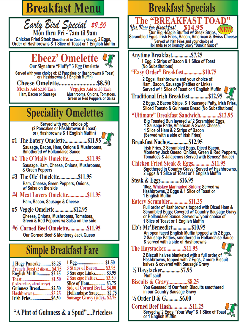 EbeneeZer's Eatery & Irish Pub Breakfast Menu | Minot , ND