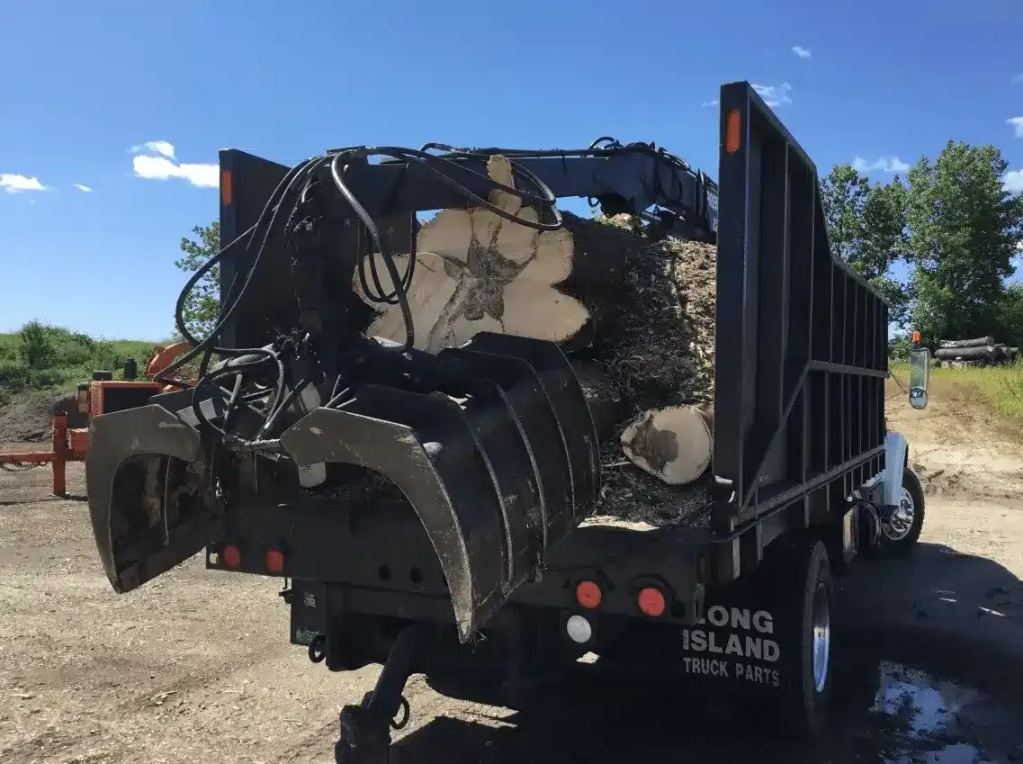 A black grapple truck parked on a gravel lot is loaded with large, freshly cut tree logs under a bright blue sky.