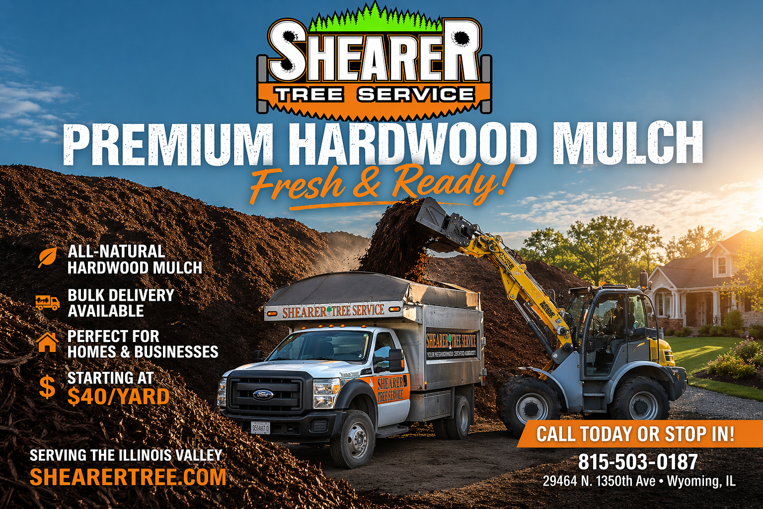 Shearer Supply Services premium hardwood mulch ad with truck, forest, and fall landscape background