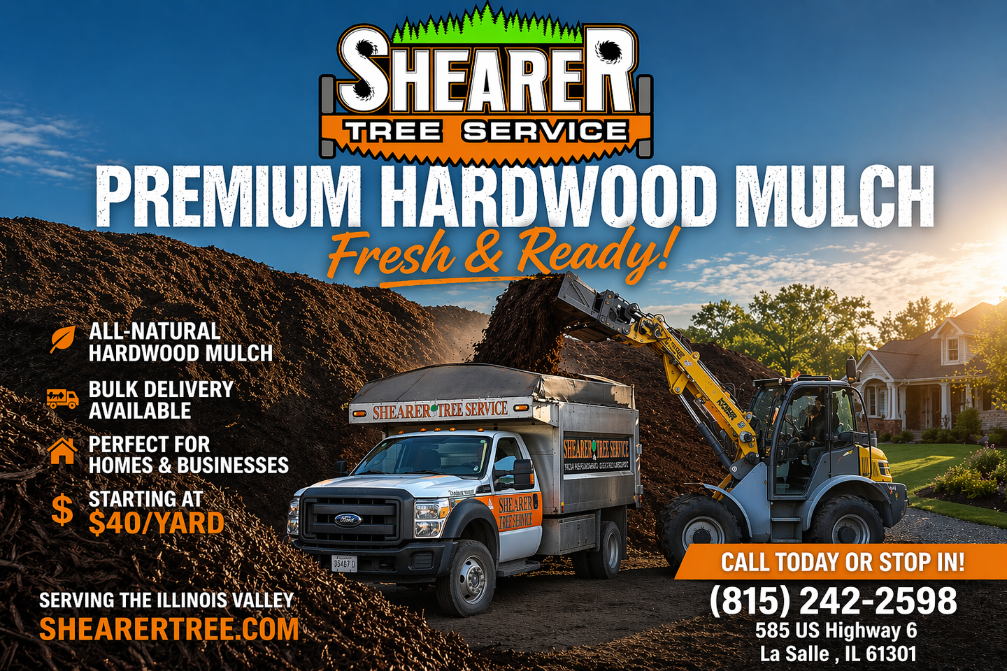 Shearer Supply Services premium hardwood mulch ad with truck, forest, and fall landscape background