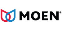 Moen logo: Red and blue water droplet icon next to the word 