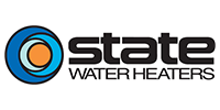 Logo for State Water Heaters: a blue and orange circular design with 