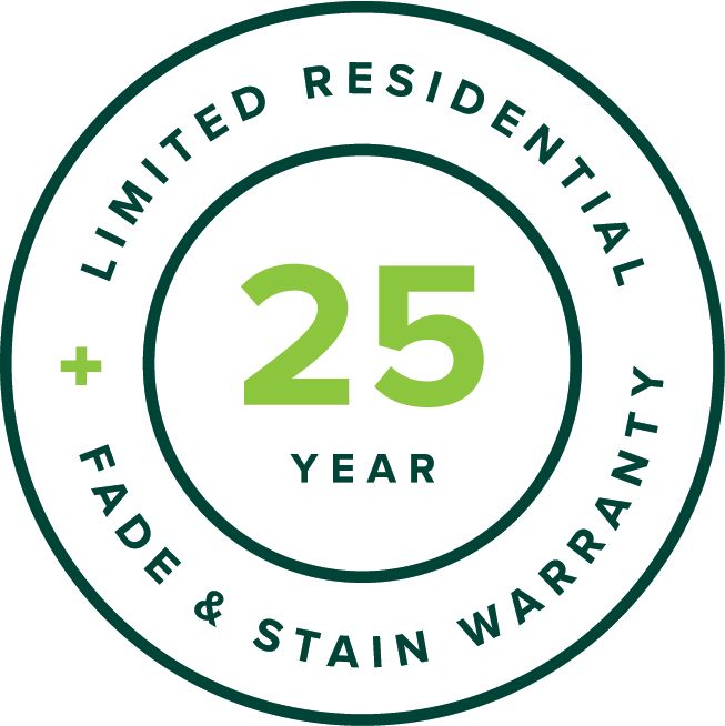 A green and white circular badge stating 25 YEAR LIMITED RESIDENTIAL FADE & STAIN WARRANTY.