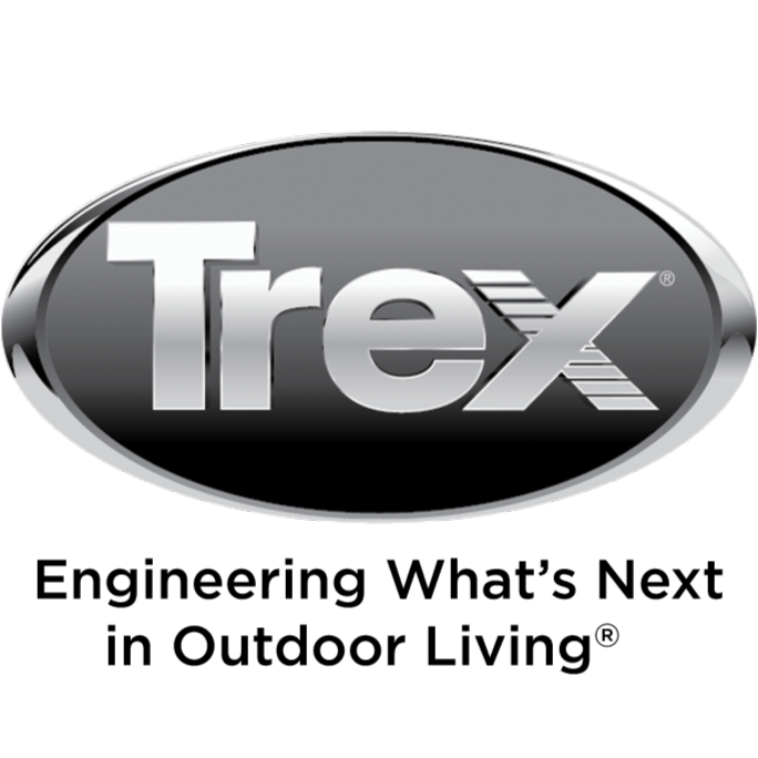 The Trex logo with the text Engineering What’s Next in Outdoor Living below it inside a black oval.